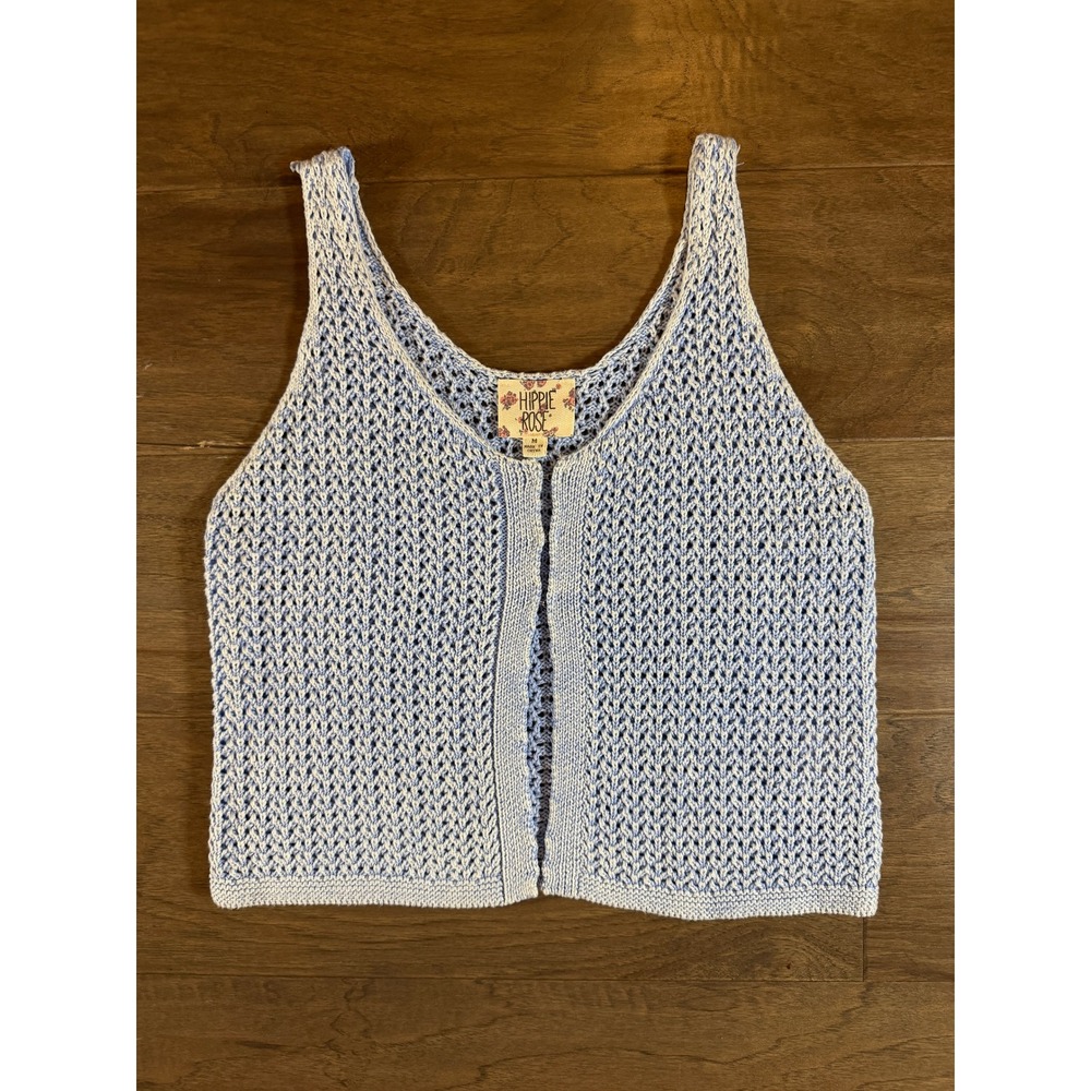Hippie Rose‎ Blue White Crochet Knit Vest Hook Eye Front Sleeveless Top Medium